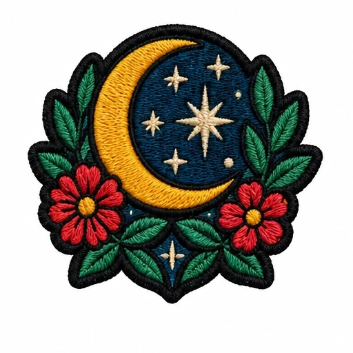 Embroidered patch of crescent moon, stars, green leaves, and red flowers with black border.
