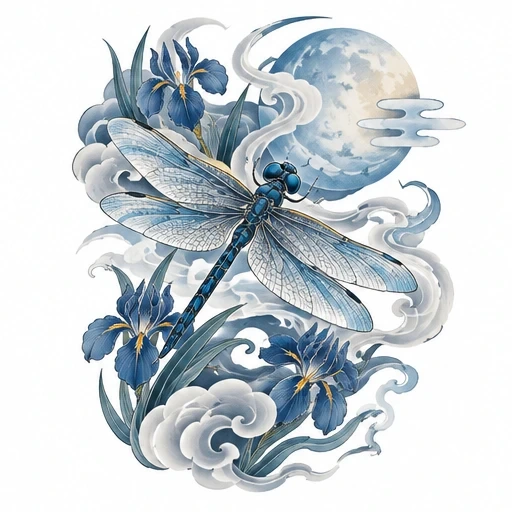 Illustration of a blue dragonfly with detailed wings over Japanese iris flowers, moon, and stylized clouds