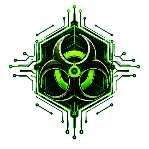 Black biohazard symbol on neon green hexagon with circuit-like lines
