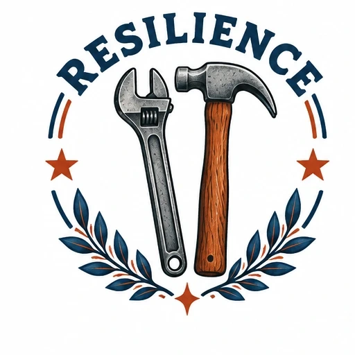 Tattoo design of a hammer and adjustable wrench with the word RESILIENCE above and decorative stars and laurel leaves below