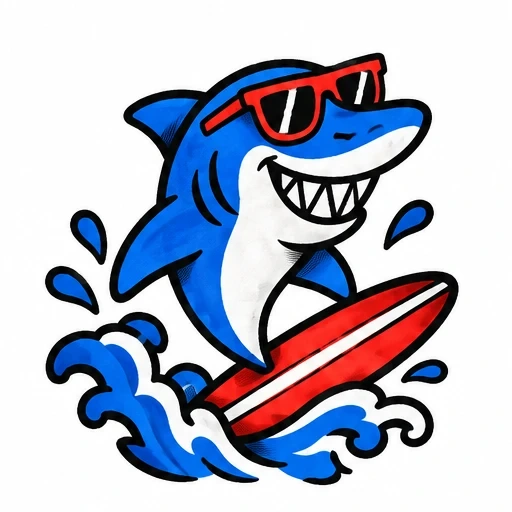 Cartoon shark wearing red sunglasses surfing on red surfboard riding blue ocean waves