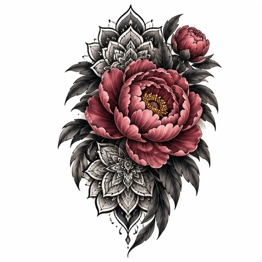 Red peony flower tattoo with black and grey mandala and leaves in detailed shading