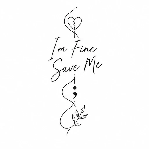 Line art tattoo with broken heart, text 'I'm Fine Save Me', semicolon, and small leaves