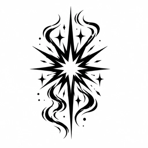 Black starburst tattoo with sharp rays and surrounding smoke-like swirls