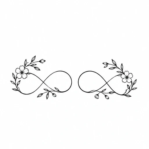 Pair of floral infinity symbol tattoos with thin black outline and small blossoms on each side