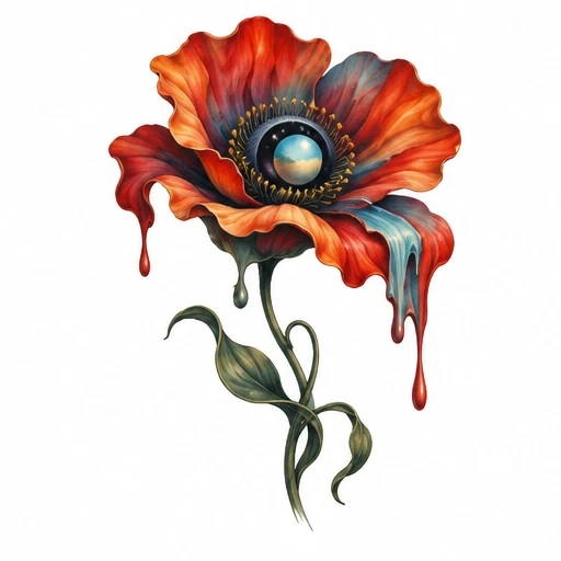 Surreal red flower with large eye at the center and dripping petals