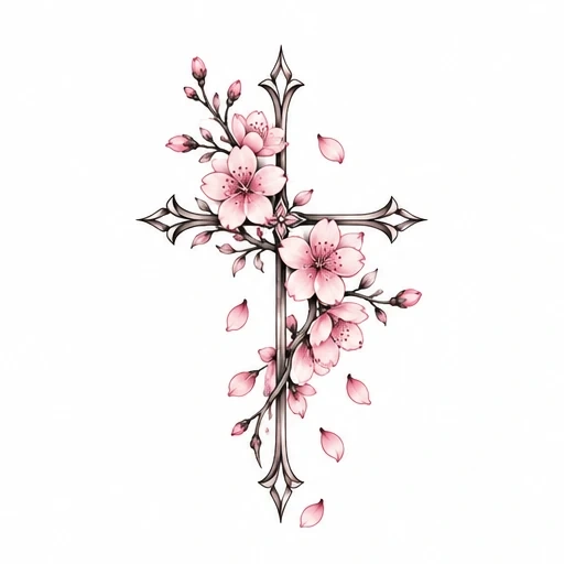 Cross tattoo with pink cherry blossoms and petals falling