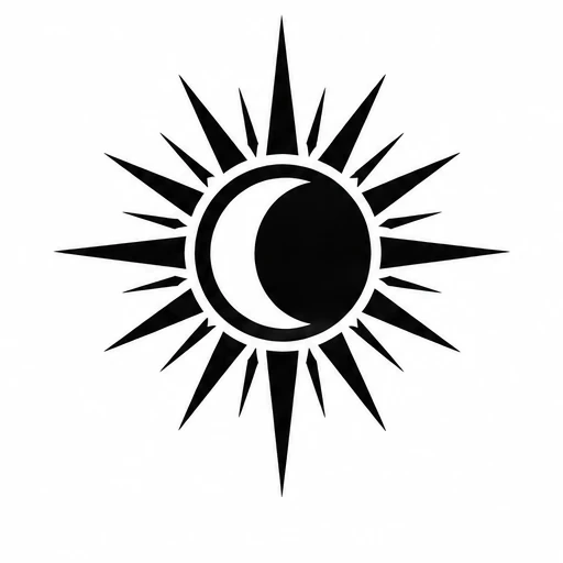 Black crescent moon inside a sharp sunburst shape tattoo design on white background