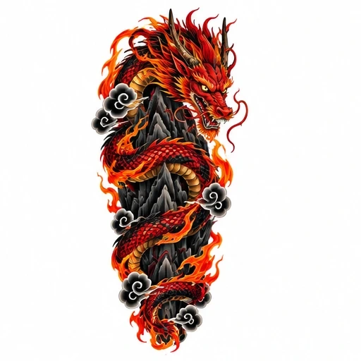 Red and orange dragon wrapped around a dark mountain with black clouds