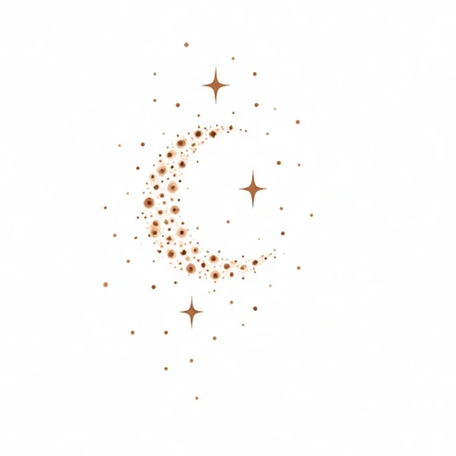 Freckled crescent moon with surrounding stars in brown ink
