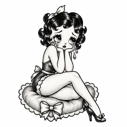 Black and grey tattoo of a crying pin-up girl with short hair sitting on a ruffled pillow with a bow