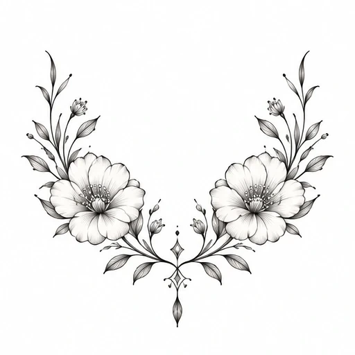 Symmetrical black and grey floral tattoo design with detailed flowers, leafy stems, and ornamental elements.