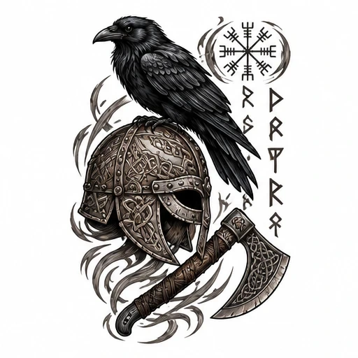 Viking raven perched on ornate helmet beside axe, with runic symbols and swirling decorative lines