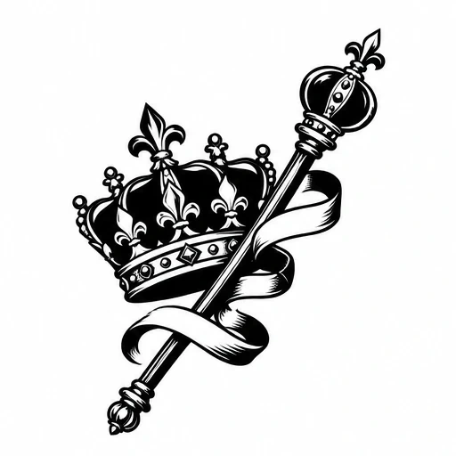 Black tattoo design of a crown and scepter with ribbon in bold linework