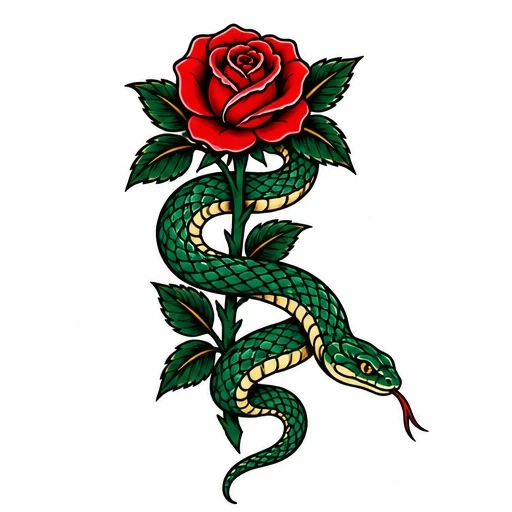 Green snake coiled around a red rose with green leaves in traditional tattoo style