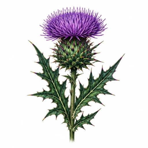 Detailed thistle flower tattoo design with purple bloom and serrated green leaves