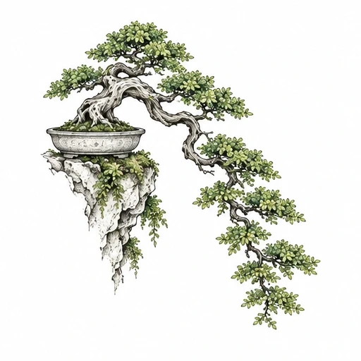 Bonsai tree tattoo with cascading branches on floating rock and detailed leaves
