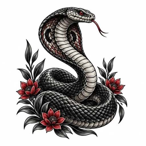 Black cobra coiled and ready to strike surrounded by red flowers and dark leaves in tattoo style