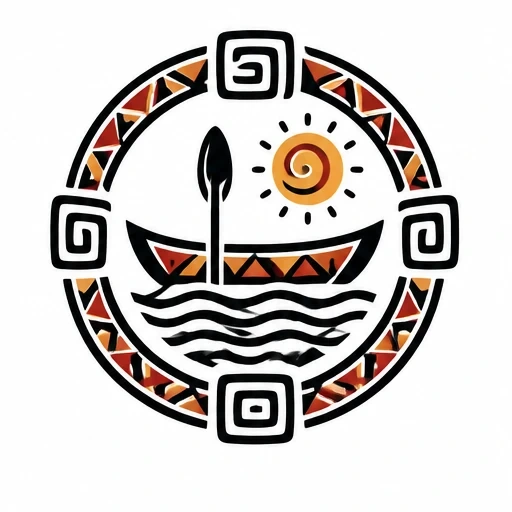 Circular Taino tattoo design of a canoe with paddle on water under a spiral sun.