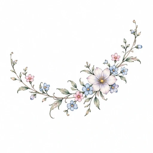 Curved tattoo design of pink, blue, and white flowers with green leaves and buds.