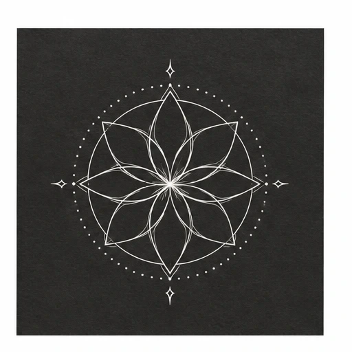 White mandala flower with geometric petals, circular dot accents, and star shapes on black background.