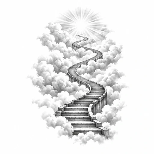 Winding stone stairway climbing through clouds towards radiant light