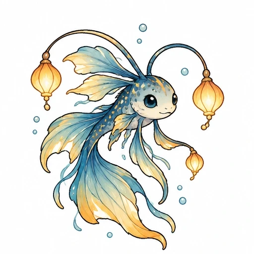 A blue and gold goldfish with flowing fins carrying three glowing lanterns and surrounded by small bubbles.