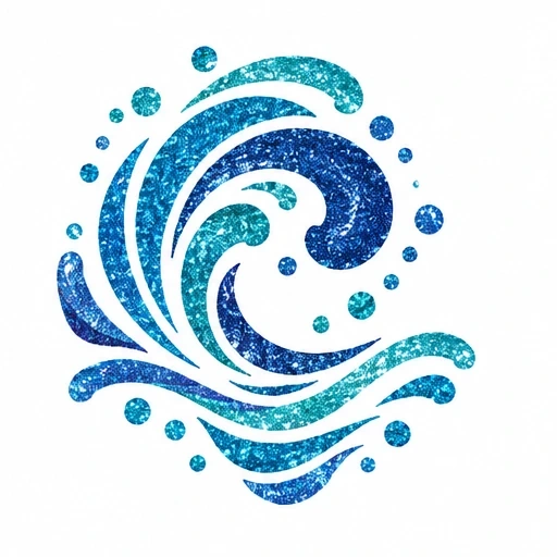 Glittering stylized blue and turquoise ocean wave design with curved shapes and dots