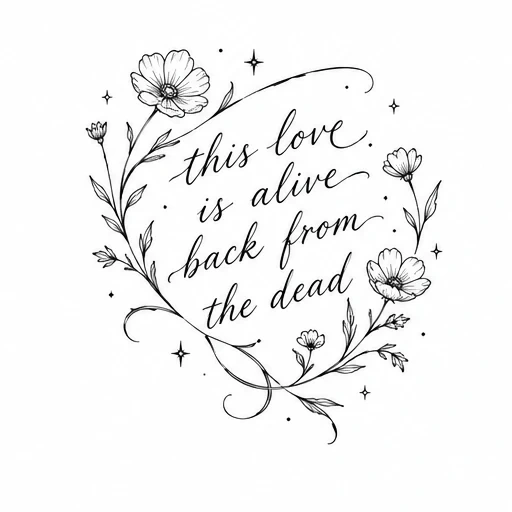Fine line tattoo design with cursive text 'this love is alive back from the dead' framed by delicate flowers and leaves with small star accents.