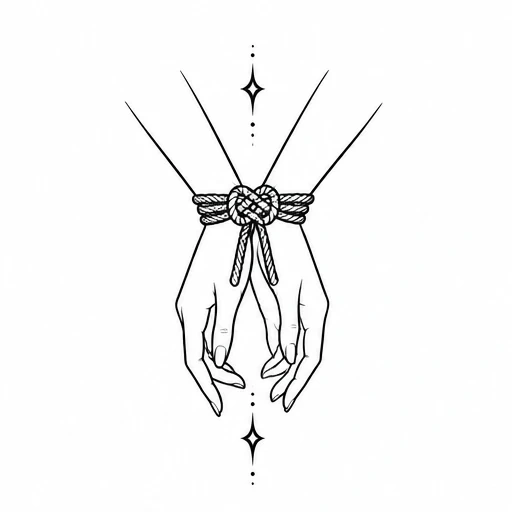 Line art of two hands tied at wrists with a detailed rope knot and star accents above and below.