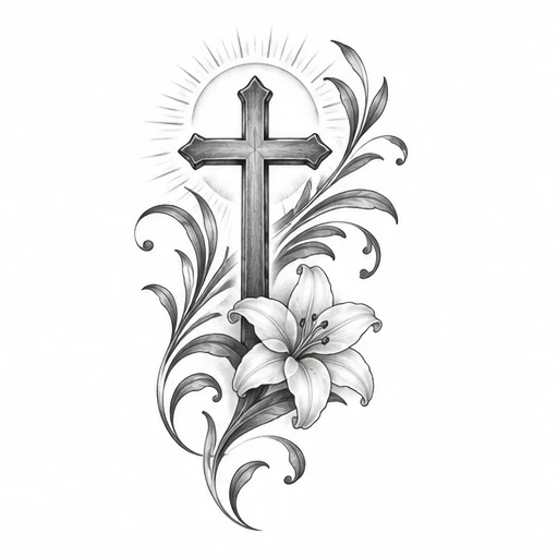 Black and gray tattoo design of a radiant cross with a glowing halo, surrounded by ornamental scroll leaves and a detailed lily flower.