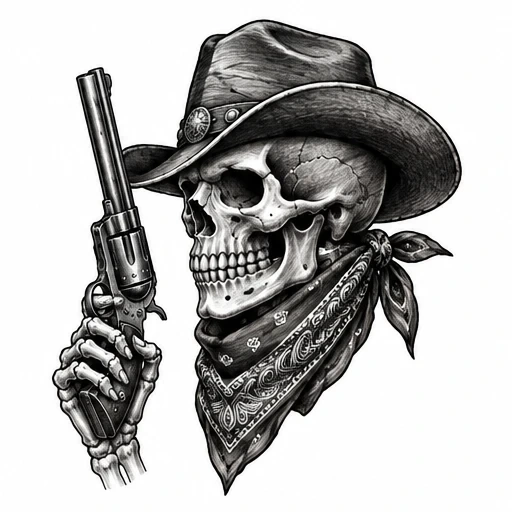 Black and white tattoo design of a skeletal cowboy holding a revolver, wearing a cowboy hat and bandana