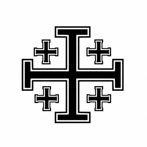Black Jerusalem cross tattoo design with one large cross in center and four smaller crosses around it on white background.