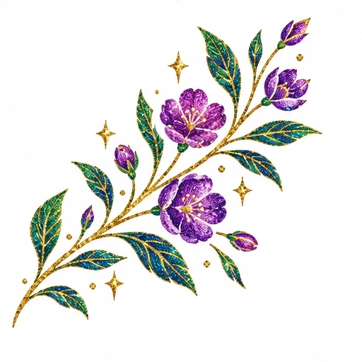 Tattoo design of purple flowers and green leaves with golden glitter accents on a white background.