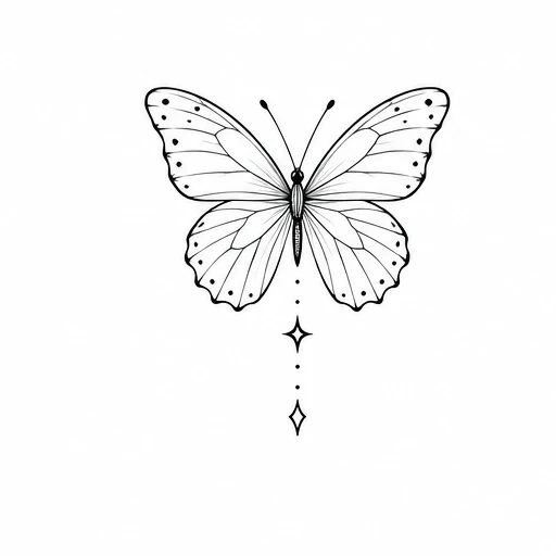 Simple black outline butterfly with dots and star-shaped sparkles below