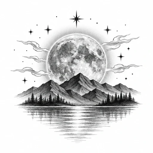 Black and gray tattoo of full moon behind mountains, pine trees, stars, and reflective water with mist clouds
