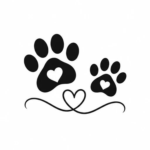 Two black paw prints with heart cutouts connected by a heart-shaped flowing line beneath them.