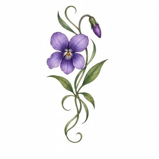 Violet flower tattoo with one bloom, bud, curling green leaves, and slender vines