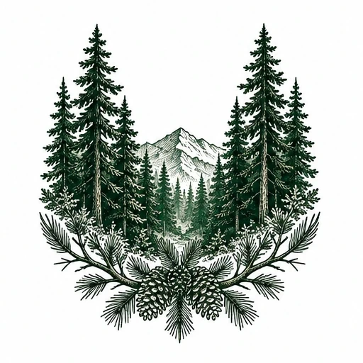 Tattoo design of a forest scene with pine trees, mountain, pinecones, and branches
