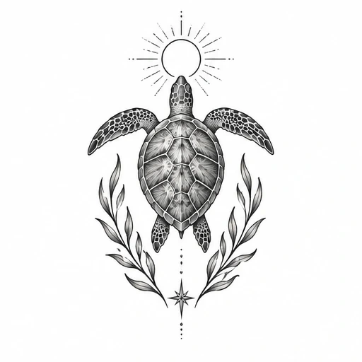 Black and gray tattoo design of a sea turtle with surrounding seaweed, celestial sun, and star elements.