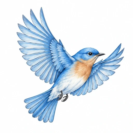 Illustration of a bluebird with bright blue wings spread wide and an orange chest in flight