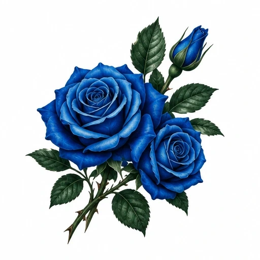 Two detailed blue roses with a closed bud and green leaves on white background