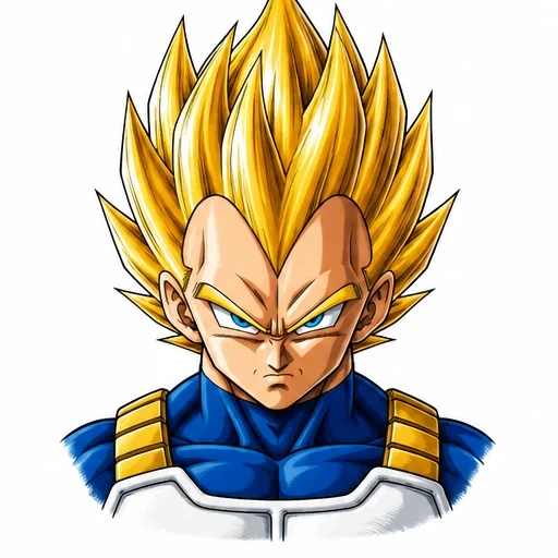 Digital illustration of Vegeta in Super Saiyan form with golden hair and blue battle armor