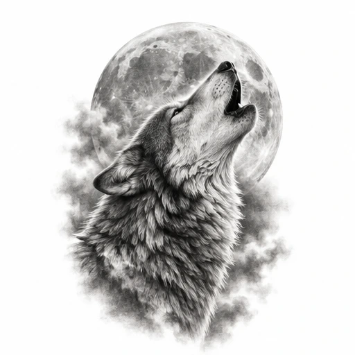 Black and grey realism tattoo design of a wolf howling at a detailed full moon with surrounding smoky clouds