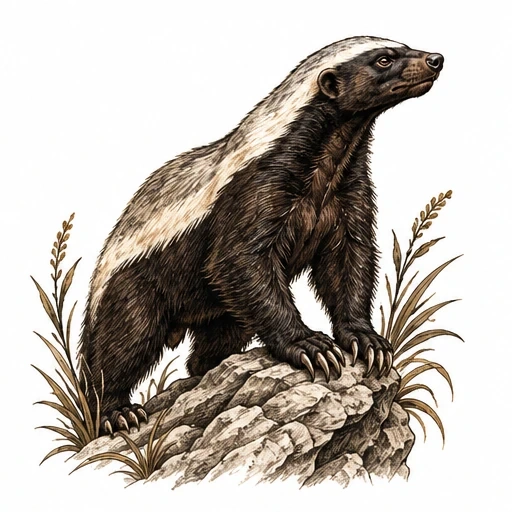 Illustration of a honey badger standing on rocks with plants around it