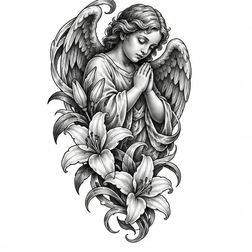 Black and grey tattoo of praying angel with detailed wings amid blooming lilies