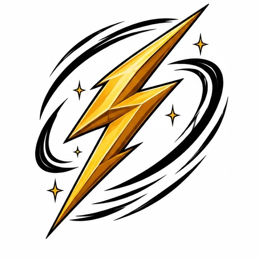Gold lightning bolt with black swirl lines and small spark stars on white background