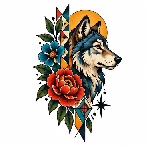 Wolf head with red and blue flowers, green leaves, geometric shapes, and a compass star tattoo design