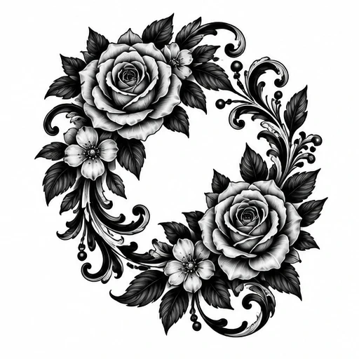 Black and grey tattoo of two roses, smaller flowers, leaves, and ornamental swirls arranged in a wreath shape