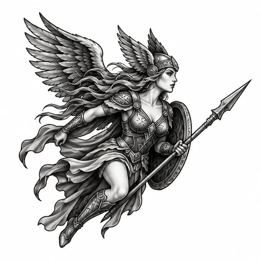 Grayscale illustration of a flying Valkyrie warrior with spear, shield, wings, and armor.